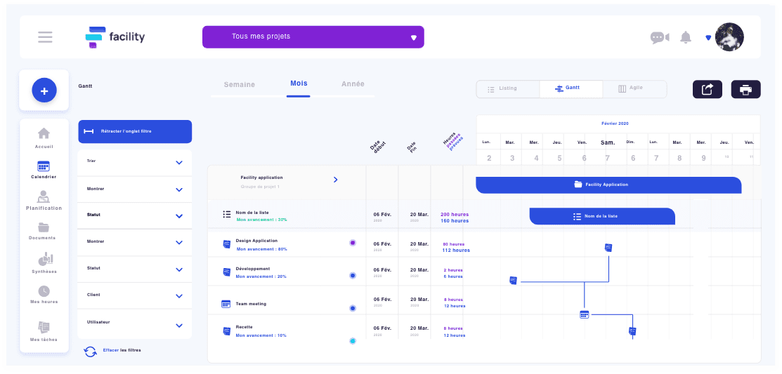 Facility Project : Diagramme de Gantt pour suivre l'évolution de son projet